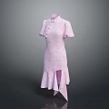 Pink Floral Cheongsam With Short Sleeves Stand Collar And Asymmetric Ruffled Hem
