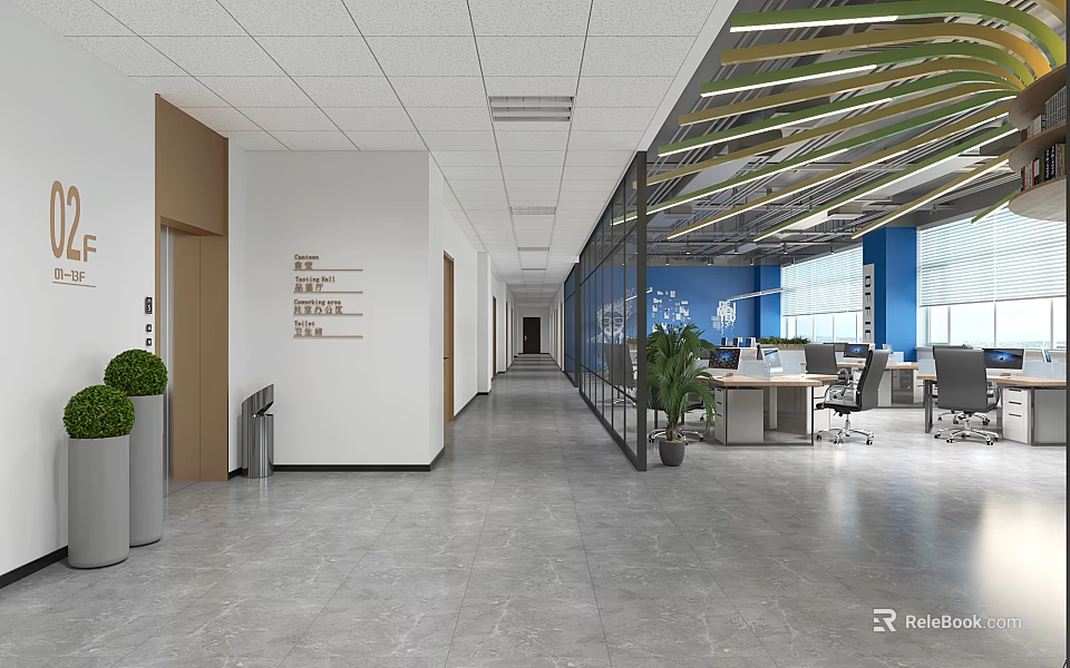 Public Office Space With Glass Partitions Blue Walls Work Desks And Green Plants 3d model 
