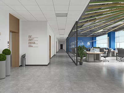 Public Office Space With Glass Partitions Blue Walls Work Desks And Green Plants 3d model