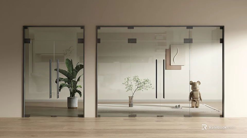 Modern Glass Double Doors Interior With Green Plant Small Plant Teddy Bear And Wooden Floor 3d model 