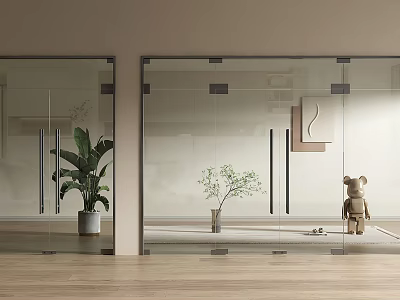Modern Glass Double Doors Interior With Green Plant Small Plant Teddy Bear And Wooden Floor 3d model
