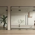 Modern Glass Double Doors Interior With Green Plant Small Plant Teddy Bear And Wooden Floor