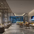 Modern Sales Office Interior Design With Display Counter Pendant Lights And Reception Desk