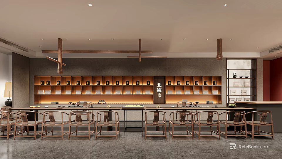 Traditional Teahouse Interior Design With Wooden Furniture Tea Set Shelves And Warm Lighting 3d model 