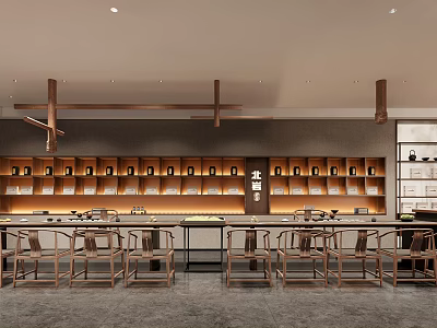 Traditional Teahouse Interior Design With Wooden Furniture Tea Set Shelves And Warm Lighting 3d model