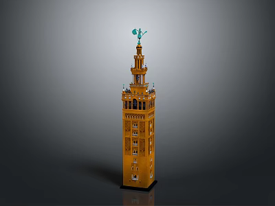 Giralda Tower With Yellow Brick Exterior Arched Windows And Green Weather Vane 3d model