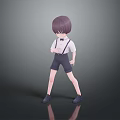3D Character Model With Purple Short Hair White Shirt Black Suspender Shorts Standing Pose