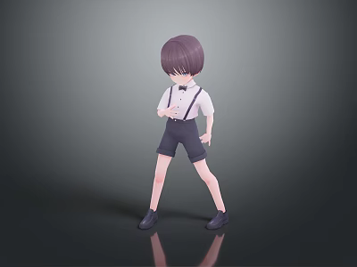 3D Character Model With Purple Short Hair White Shirt Black Suspender Shorts Standing Pose 3d model