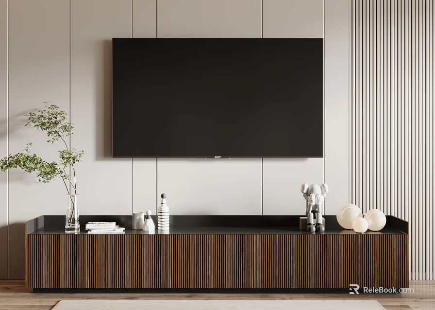 Modern Wooden TV Stand With Vertical Slats And Decorative Items With Flat Screen TV 3d model 