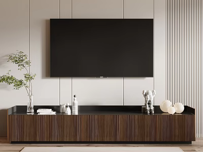 Modern Wooden TV Stand With Vertical Slats And Decorative Items With Flat Screen TV 3d model