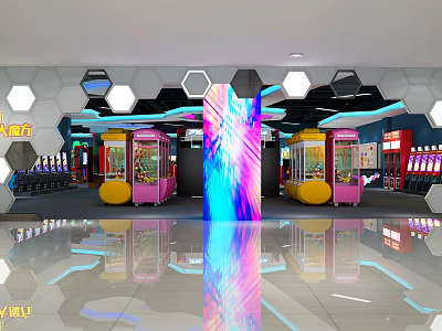 Vibrant Indoor Entertainment Area With Hexagonal Ceiling Colorful Neon Lights Game Machines And Reflective Floor 3d model