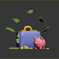 Decorative Ornament Set Blue Suitcase Yellow Handle Green Dollar Bills Pink Piggy Bank Yellow Coins