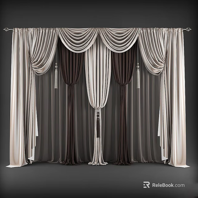 Luxurious Layered Curtains With Beige And Dark Brown Pleated Drapes For Modern Home 3d model 