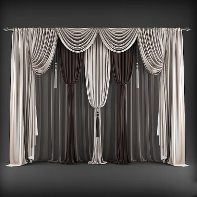 Luxurious Layered Curtains With Beige And Dark Brown Pleated Drapes For Modern Home 3d model