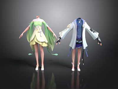 Women Elegant Dresses With Green Yellow And Blue White Decorative Outfits 3d model