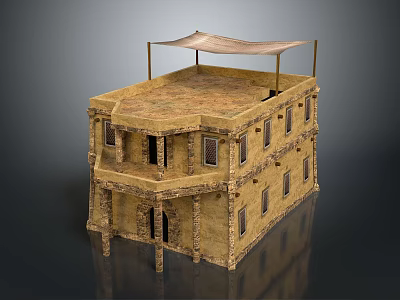 Cartoon Style Two Story Building With Canopy And Multiple Windows In Animated Scene 3d model
