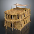 Cartoon Style Two Story Building With Canopy And Multiple Windows In Animated Scene