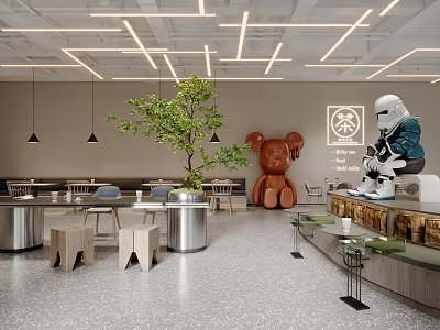 Modern Café Interior Design With Ceiling Lights Green Plants Decorative Dolls And Comfortable Seating 3d model