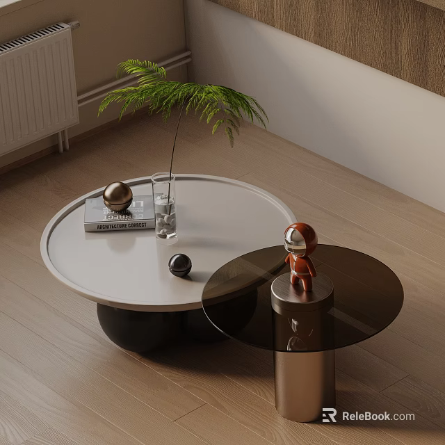 Modern Sofa Coffee Table Set Round White Glass Top With Green Plant Decorative Living Room 3d model 