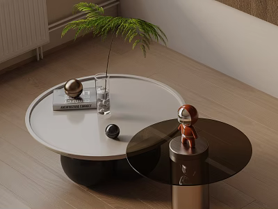 Modern Sofa Coffee Table Set Round White Glass Top With Green Plant Decorative Living Room 3d model