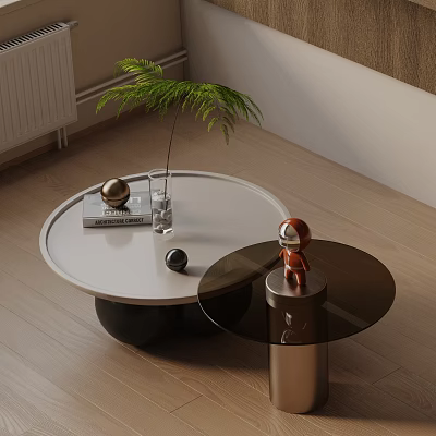 Modern Sofa Coffee Table Set Round White Glass Top With Green Plant Decorative Living Room 3d model