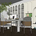 Modern Restaurant Interior With Dining Table Chairs Open Shelves And Green Wall Decor