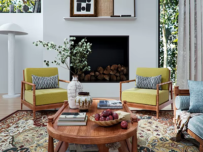 Wooden Coffee Table with Yellow Armchairs Green Cushions Vase Books and Fruit Bowl Near Fireplace 3d model