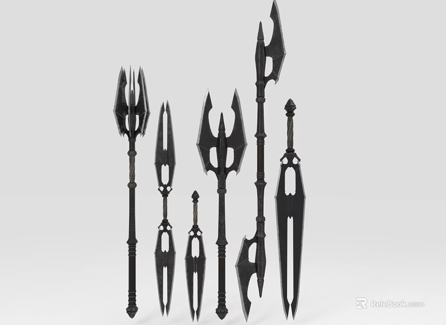 Various Black Long Handled Weapons With Intricate Spiked Designs And Different Styles 3d model 