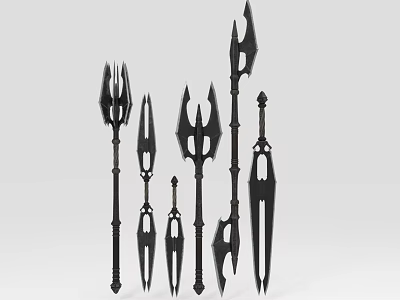 Various Black Long Handled Weapons With Intricate Spiked Designs And Different Styles 3d model