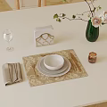 Elegant Dining Table Setting With White Bowl Plates Gold Placemat Wine Glass Green Vase And Napkin
