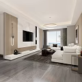 Contemporary Living and Dining Room Interior With White Sofas Wooden Walls And Round Ceiling Light