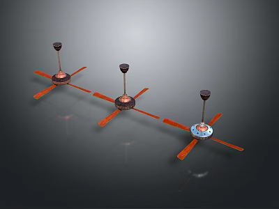 Three Modern Ceiling Fans with Orange Blades and Black Motors for Home Use 3d model