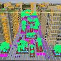 Modern Commercial Street With Greenery Pedestrian Areas Outdoor Seating And Tall Buildings