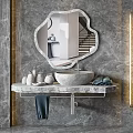 Modern Bathroom Vanities With Marble Countertops Irregular Shaped Mirrors And Toiletries