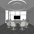 Modern Conference Room With Round Ceiling Light White Table Gray Chairs Large TV And Windows