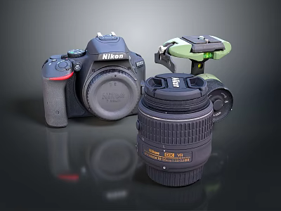 Nikon Digital Camera With Detachable Lens And Green Electronic Accessory 3d model