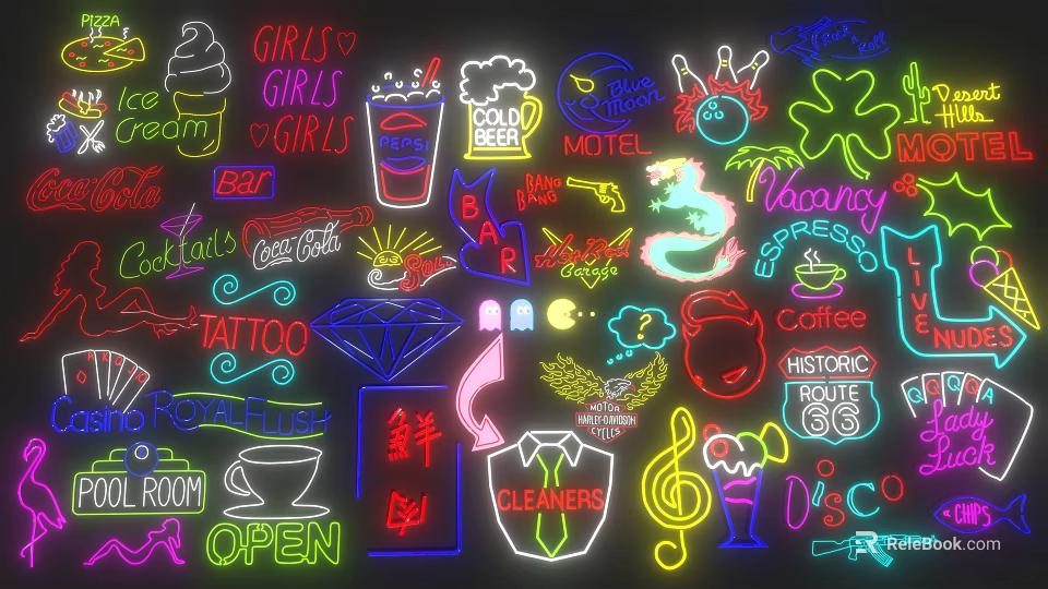 Colorful Neon Signs With Various Shapes And Icons 3d model 