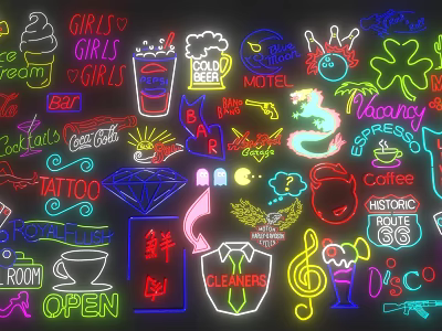 Colorful Neon Signs With Various Shapes And Icons 3d model