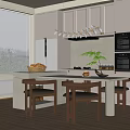 Modern Kitchen Dining Table Set With Island Counter Chairs And Hanging Lights 3d model
