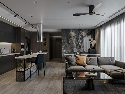 Modern Living And Dining Room Interior With Sofa Dining Table Decorative Wall And Ceiling Fan 3d model