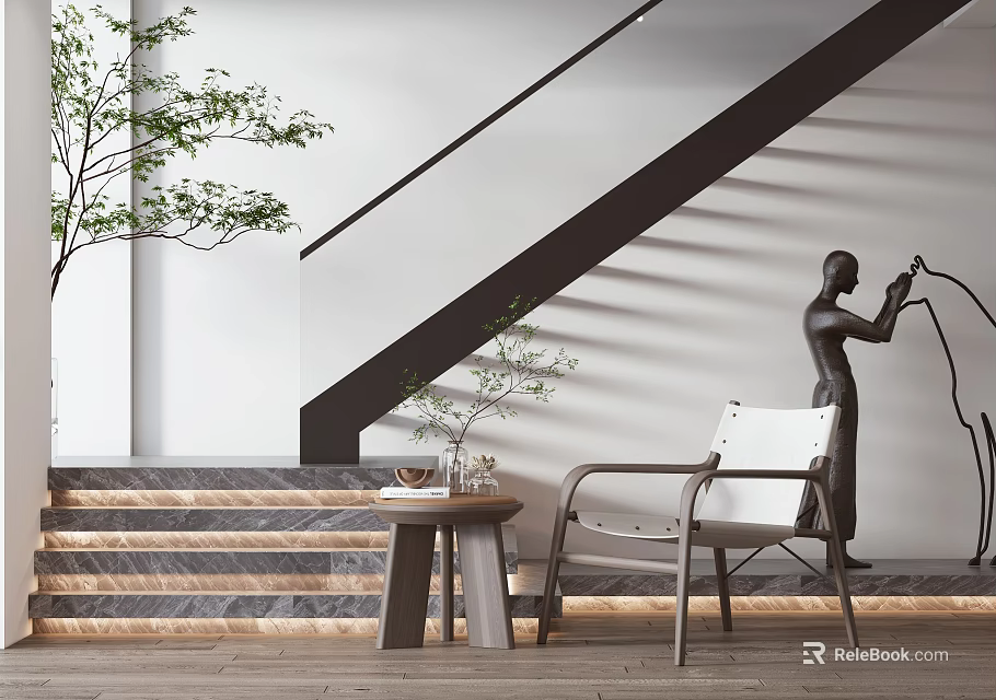 Modern Leisure Chair in Elegant Interior with Side Table Sculpture Decorative Plant and Staircase 3d model 