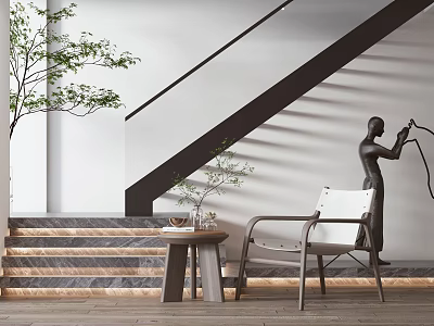 Modern Leisure Chair in Elegant Interior with Side Table Sculpture Decorative Plant and Staircase 3d model