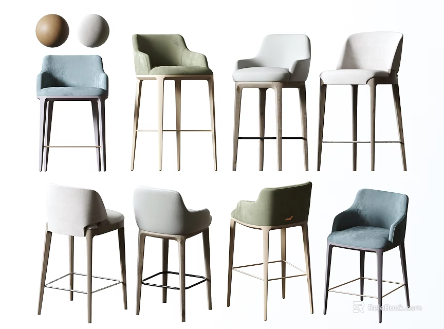 Modern Colorful Bar Stools With Various Upholstered Seats And Wooden Legs 3d model 