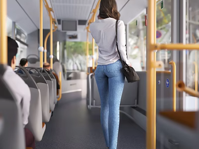 Woman In Jeans And White Top Standing Inside Moving Bus With Seats And Handrails 3d model