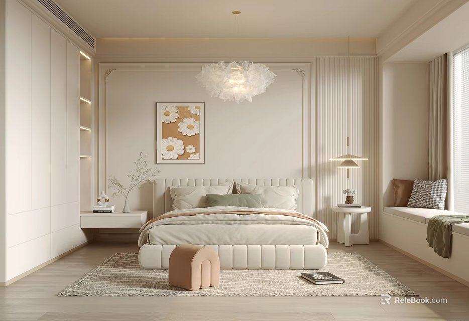 Elegant Modern Bedroom Interior With White Upholstered Bed Chandelier Floral Painting And Nightstands 3d model 