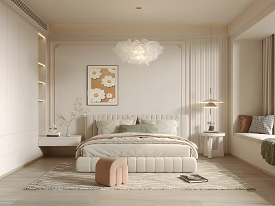 Elegant Modern Bedroom Interior With White Upholstered Bed Chandelier Floral Painting And Nightstands 3d model