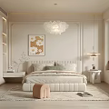 Elegant Modern Bedroom Interior With White Upholstered Bed Chandelier Floral Painting And Nightstands