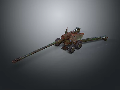 Camouflage Military Artillery Gun With Long Barrel And Wheel Mount Structure 3d model