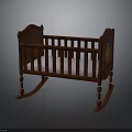 Wooden Rocking Baby Crib With Dark Brown Finish Carved Details And Light Mattress
