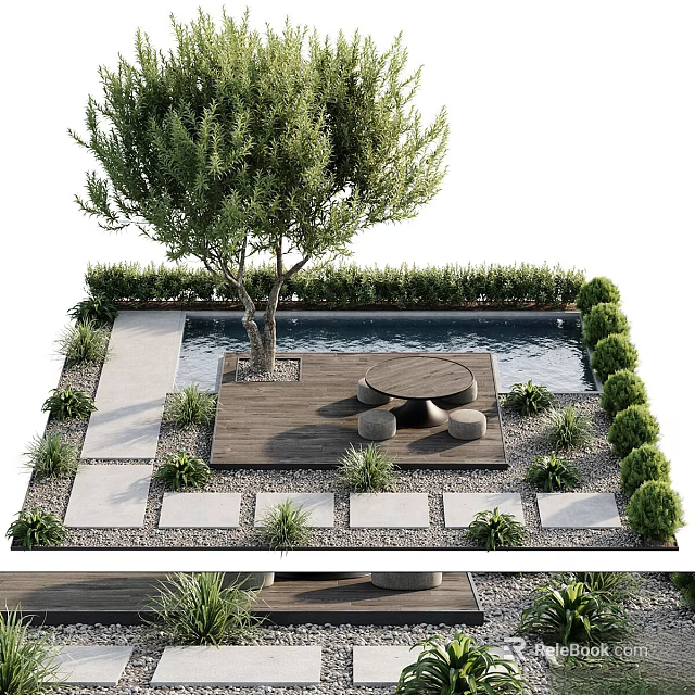 Charming Garden Decor With Wooden Deck Round Table Stools Tree Pool And Stone Path 3d model 